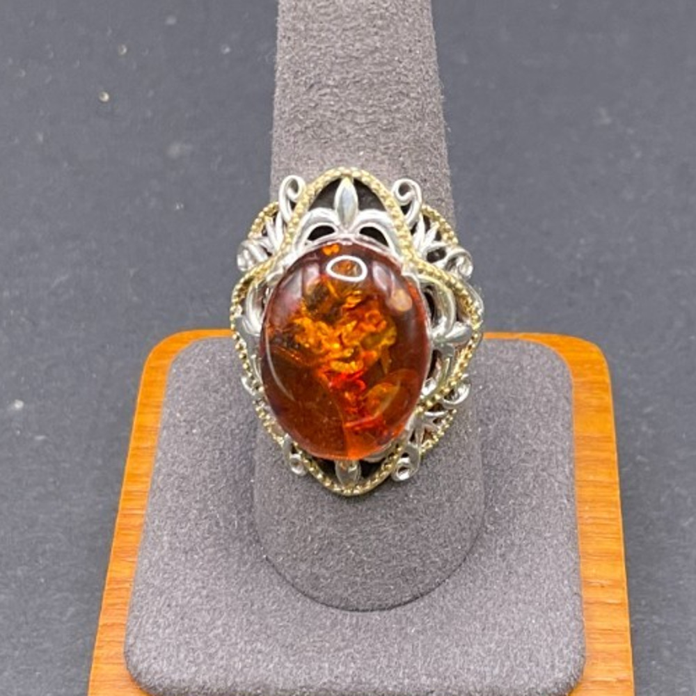 Vintage STS Sterling Silver 925 Baltic Amber Ring Art Nouveau Style Scroll Sz 9